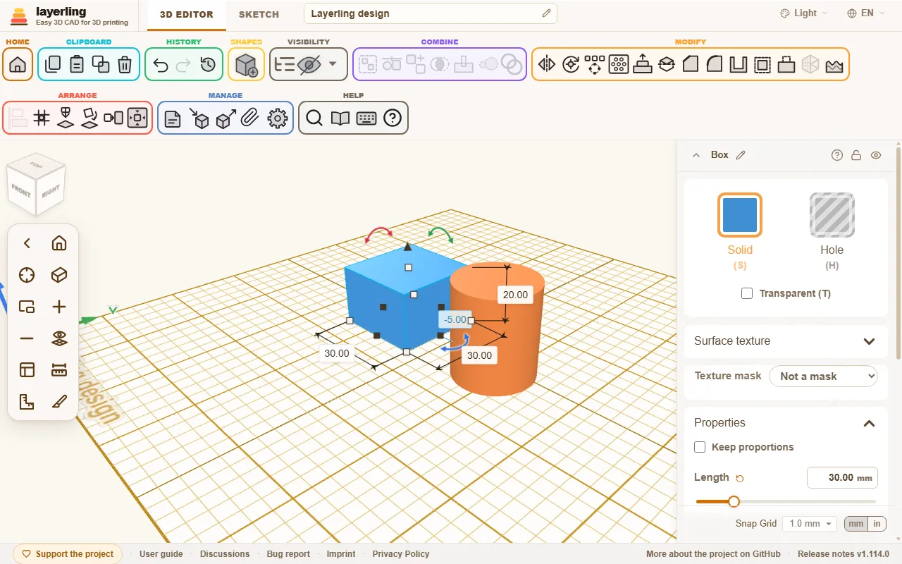 The settings of a cylinder: solid or hole, diameter and height as a number and as a slider.