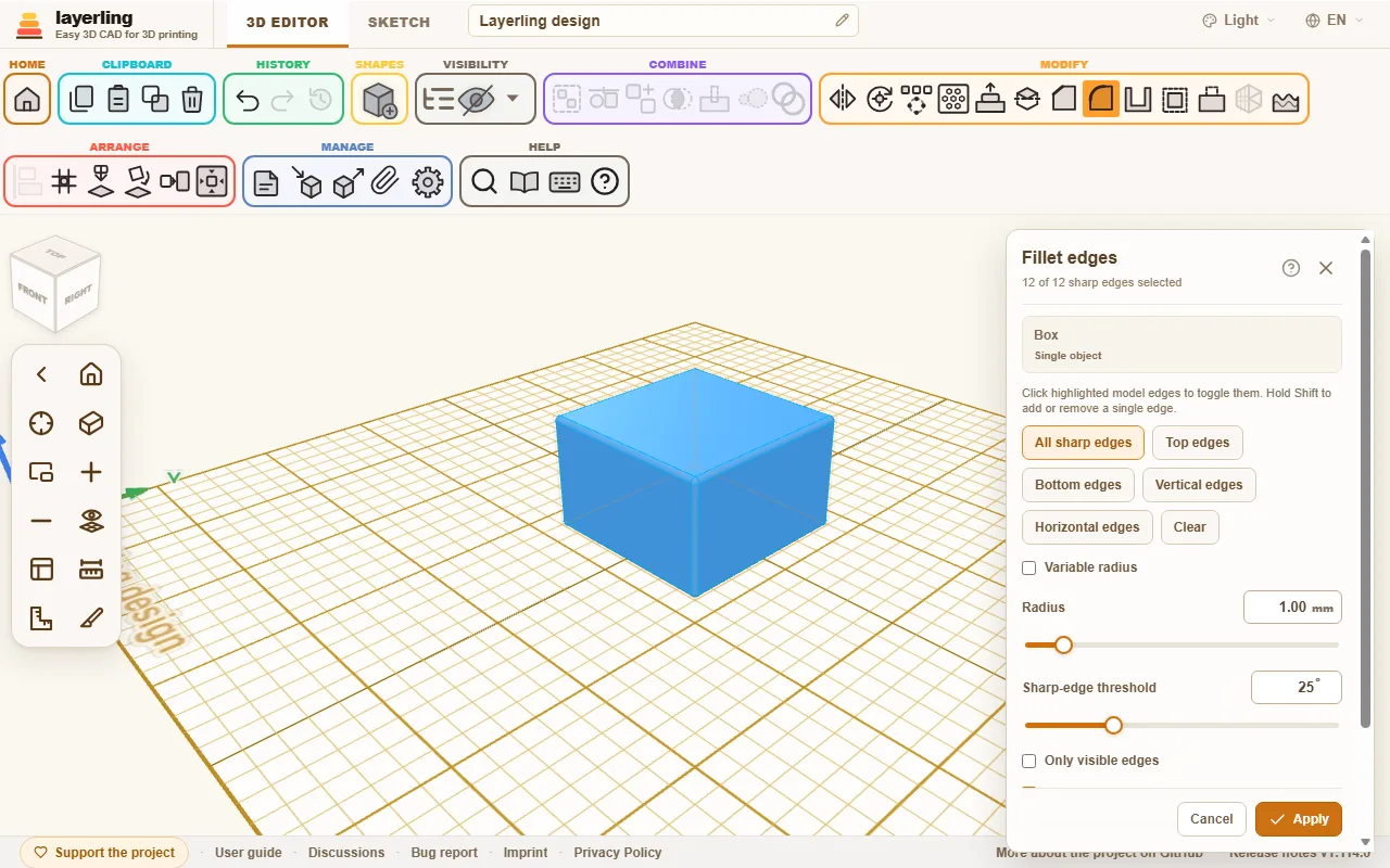 The "Fillet edges" tool: all sharp edges are selected, the picture shows the preview with a 4 mm radius.