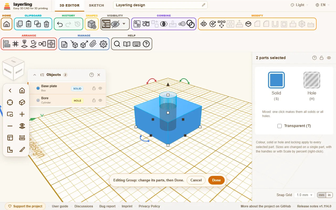 The group being edited: the bar at the bottom holds Cancel and Done, and the object list shows the parts.