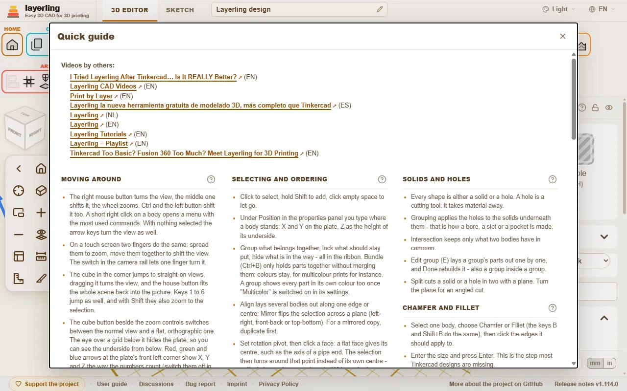 The quick guide in the editor. Videos by others are listed at the top, and every section has a question mark.